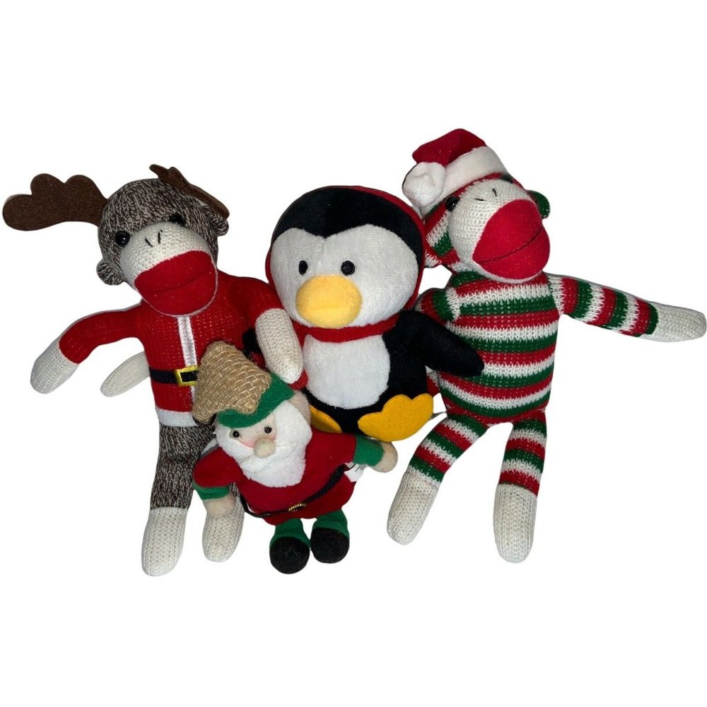 Mixed Lot Of 4 Christmas Plush Santa Penguin Monkey Moose